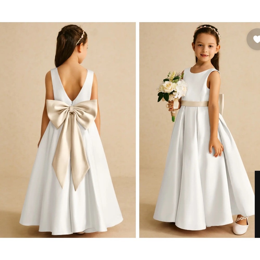 NWT Azazie Flower Girl Dress Kids Size 7 White Champagne Satin Bow V-Back Formal
